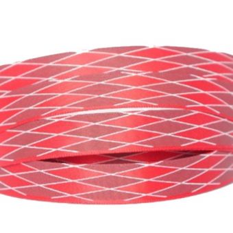 Ruban satin rouge imprimé motif géométrique [12mm] 