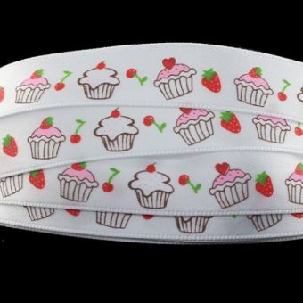 Ruban satin blanc imprimé cupcakes [12mm] 