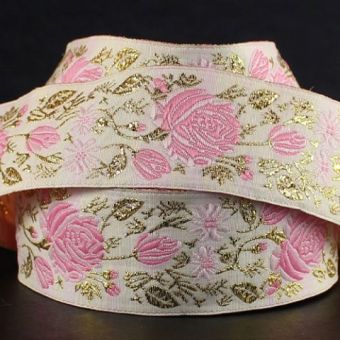 Galon Brodé Jacquard 50mm fleurs roses dorées